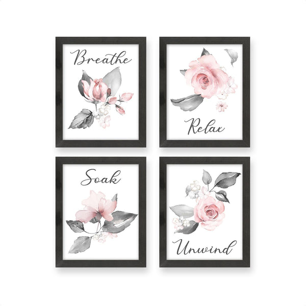 heilkee Pink Flower Wall Art Bathroom Decor, Set of 4 Grey Wall Pictures, Relax Soak Unwind Breathe Signs