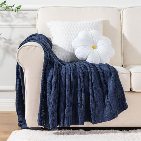 Battilo Navy Cable Knit Throw Blanket, Super Soft Cozy Decorative Knitted Blanket for Couch, Bed, Sofa, Chair 50"x60"