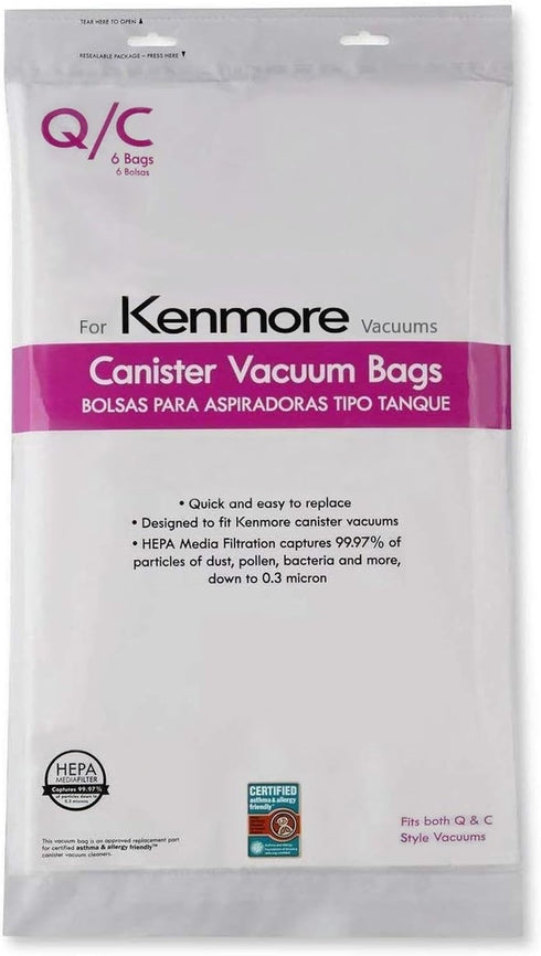 Compatible with Kenmore Canister Vacuum Bags Type Q/C HEPA, Pack of 6 Premium Cloth Bags