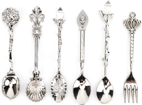 Fdit 6Pcs Vintage Carved Coffee Spoon Set, Retro Zinc Alloy Dessert Cutlery for Kitchen (Silver)