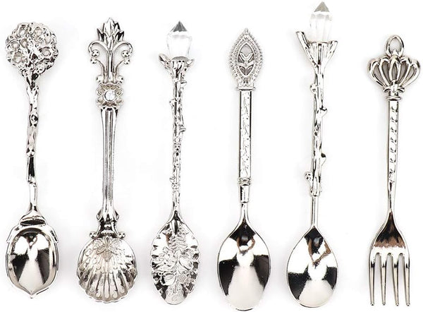 Fdit 6Pcs Vintage Carved Coffee Spoon Set, Retro Zinc Alloy Dessert Cutlery for Kitchen (Silver)