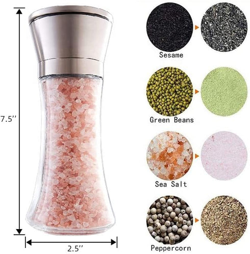Elegant GRINDER 7 inch tall, Eco-Friendly Stainless Steel and Glass grinder, with Adjustable Ceramic Grinder, Spice Mill, Pepper Grinder or Salt Grinder, for seasoning, refillable grinder