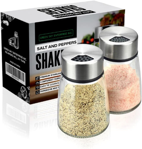 Elegant Salt and Pepper Shakers Set of 2 with Adjustable Pour Holes - Premium Stainless Steel and Glass Dispenser