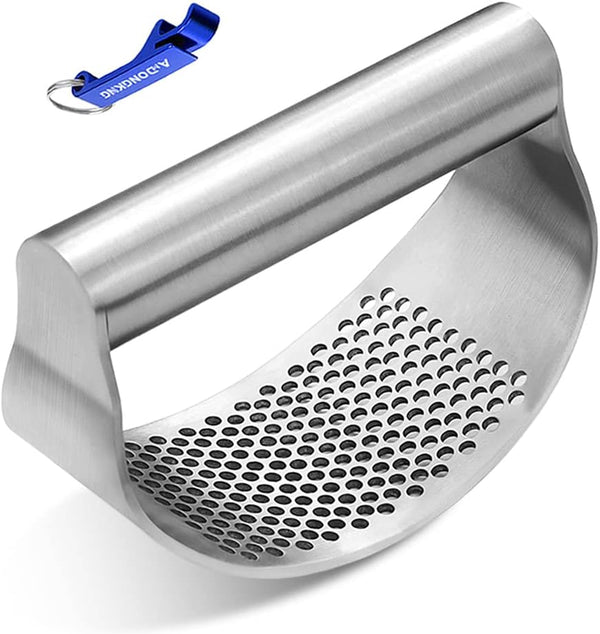 Garlic Press Rocker - Stainless Steel Garlic Crusher, Bottle Opener, Chopper, Squeezer, Slicer