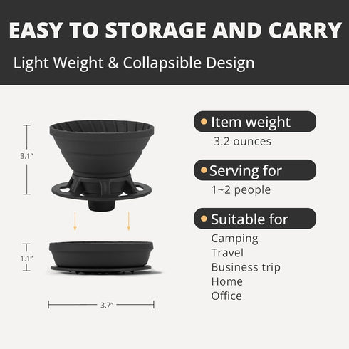 Collapsible Pour Over Coffee Dripper, Silicone Reusable Maker for Camping, Travel, Home & Office, 1-2 Cup
