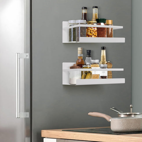 Magnetic Spice Rack for Refrigerator, 2 Pack Fridge Organizer for Spice Jars, Magnet Shelves with 4 Hooks