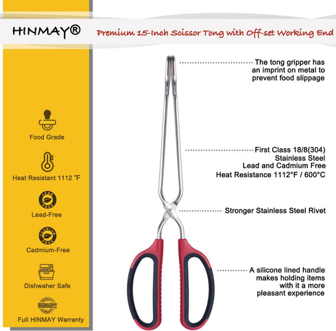 Extra Long 15-Inch Stainless Steel Scissor Tongs for Barbecue Grilling