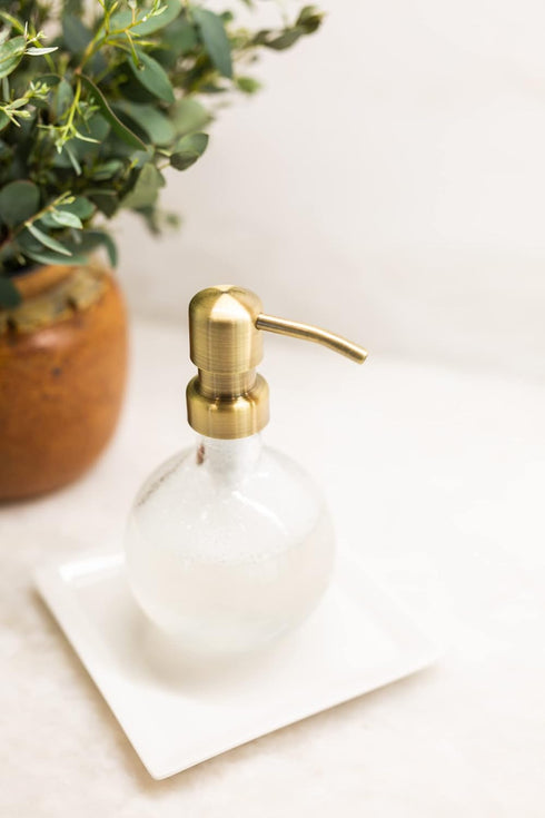 Rail19 Moon Round Recycled Glass Soap Dispenser with Metal Pump, 8.5oz, Brass