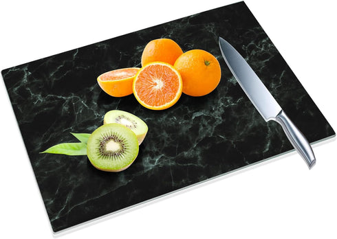 Tempered Glass Cutting Board for Kitchen, 16"x12" Black Marble Pattern, Heat Resistant, Dishwasher Safe