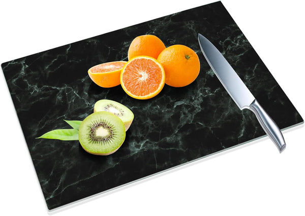 Tempered Glass Cutting Board for Kitchen, 16"x12" Black Marble Pattern, Heat Resistant, Dishwasher Safe