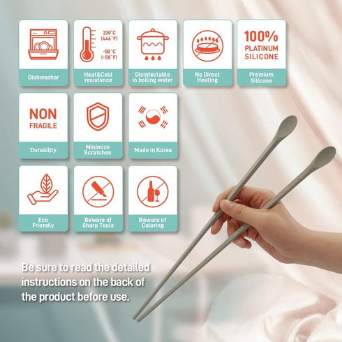 Reusable Long Silicone Cooking Chopsticks with Spoon, 12 Inches, Dishwasher Safe, BPA-free, Pastel Color