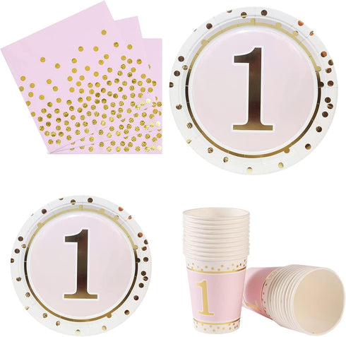 MaitianGuyou 1st Birthday Girl Decoration, Baby Shower Party Supplies Disposable Tableware Set for 20 Guests