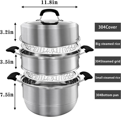 MANO Steamer Pot for Cooking, 11.8 Inch 2-Tier Stainless Steel Steaming Pot with Lid for Vegetables, Dumplings