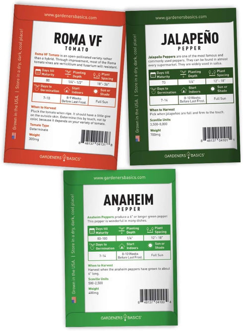 Packets, 5 Gardeners Basics, Heirloom Salsa Growing Seed Roma VF Tomato, Jalapeno, Cilantro, Anaheim and Onion Seeds