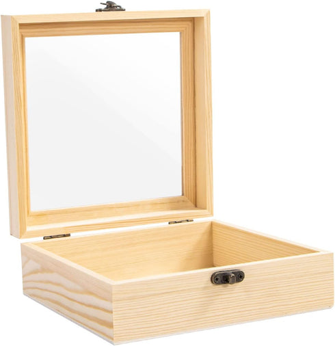 Unfinished Wooden Display Box with Glass Top, Small Hinged Lid Keepsake Storage Box for Jewelry and Home Decorations