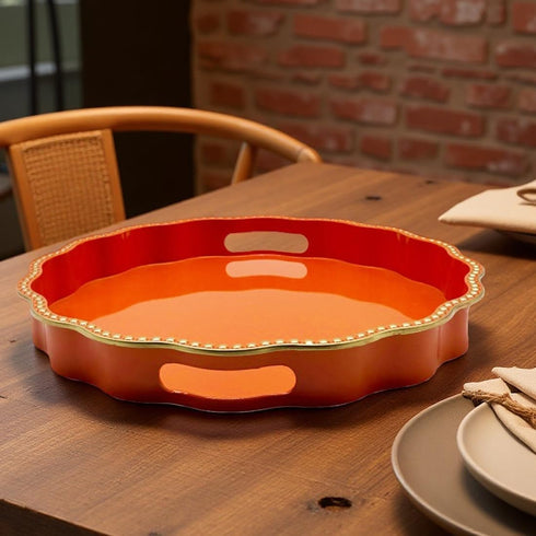 Counter, (13") Orange Decorative Tray for Coffee Table, Wavy Scallop Beaded Plastic Serving Tray forKitchen Ottoman
