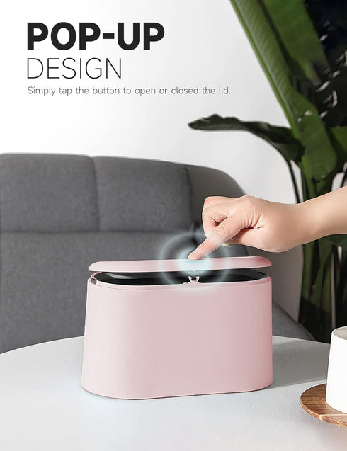 Tiny Plastic Trash Bin with Lid, Removable Mini Trash Can, Pop Up Countertop Wastebasket for Bathroom, Office, Pink