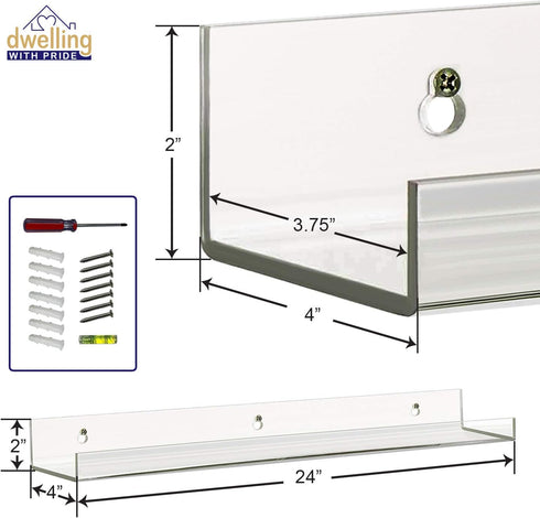 24 Inch (2Pack) Dwelling With Pride Acrylic Shelf - Acrylic Bookshelf for Toys & Books - Spice Rack & Floating Display