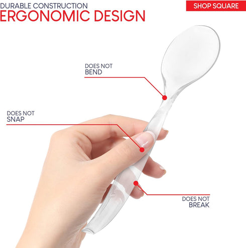 Disposable Plastic Serving Utensils, Set of 18 Clear Buffet Utensils, 6 Each of 6" Tongs, 10” Spoons, 10” Forks