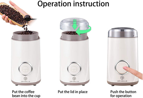 DR MILLS DM-7441 Electric Coffee Grinder, One Touch Operation, Stainless Steel Blade & Cup (White)
