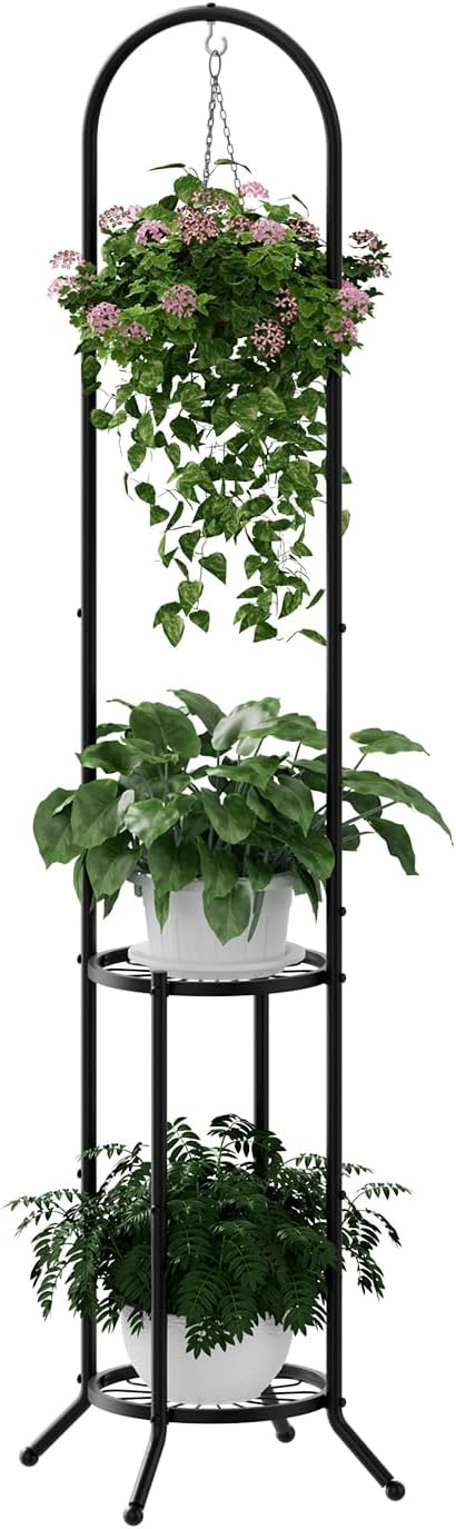 PULIJIAJU 2-tier Hanging Plant Stand Indoor and Outdoor, Space-Saving Iron Plant Shelf, 3