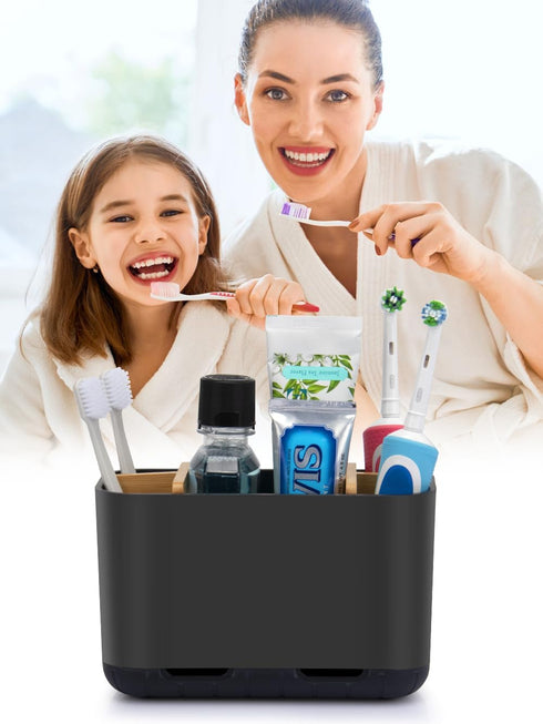 Black Bamboo Toothbrush Holder, Electric Kids Toothpaste Organizer with Drainage for Bathroom Countertop Storage