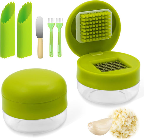 EQUNROY 2 Pcs Garlic Press Stainless Steel,Mini Garlic Chopper,with PeelerCleaning Brush and Scrapers