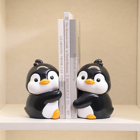 Cute Hug Penguins Decorative Bookends, Unique Animal Book Ends to Hold Books Creative Resin Book Holder Stopper