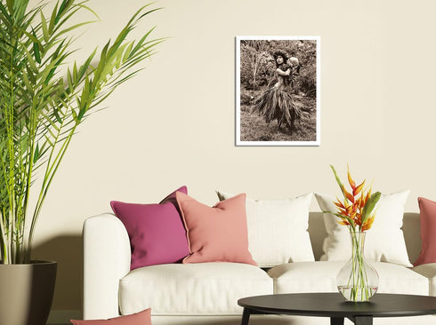 Hawaiian Hula Dancer Ipu (Gourd Drum) IV - Vintage B&W Photograph by Alan Houghton c.1960s - Master Art Print 9in x 12in