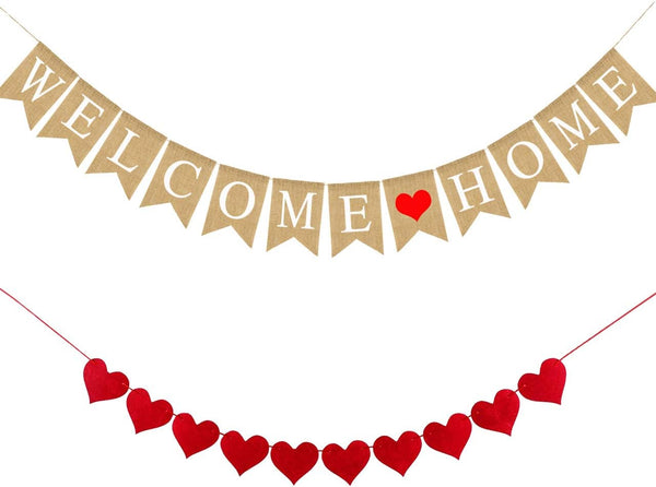 Welcome Home Banner Burlap Sign - Party Decorations, Rustic Bunting Garland for Family Gathering Photo Booth Props