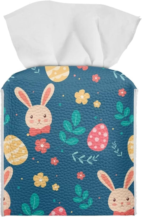 Biyejit Cute Easter Rabbit Eggs Tissue Box Cover, Square PU Leather Holder with Bottom Strap for Bathroom, Vanity, Desk