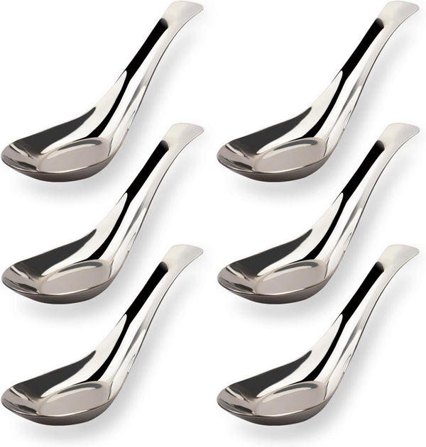Asian Stainless Steel Soup Spoons Set of 6, Silverware for Ramen, Pho, Wonton, Dumpling Noodles