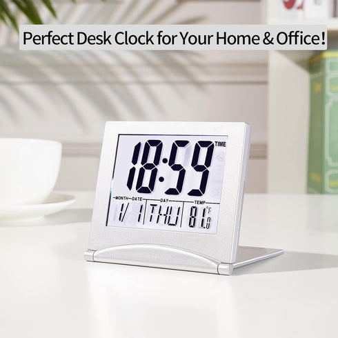 Small Digital Travel Alarm Clock, Battery Operated with Large Number Display and Night Backlight (Silver)