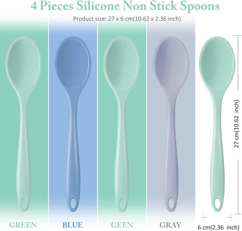 4 Pieces Large Silicone Mixing Spoon for Baking, Serving, Basting - Heat Resistant, Non Stick Utensil Spoon (Blue, Gray, Green)
