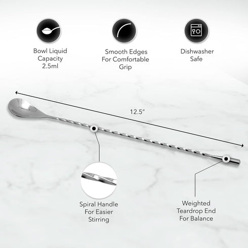 The Art of Craft Bar Spoon: 12.5” Stainless Steel Cocktail Mixing Spoon, Long Handle Spiral Design with Weighted Teardrop End (Set of 2)