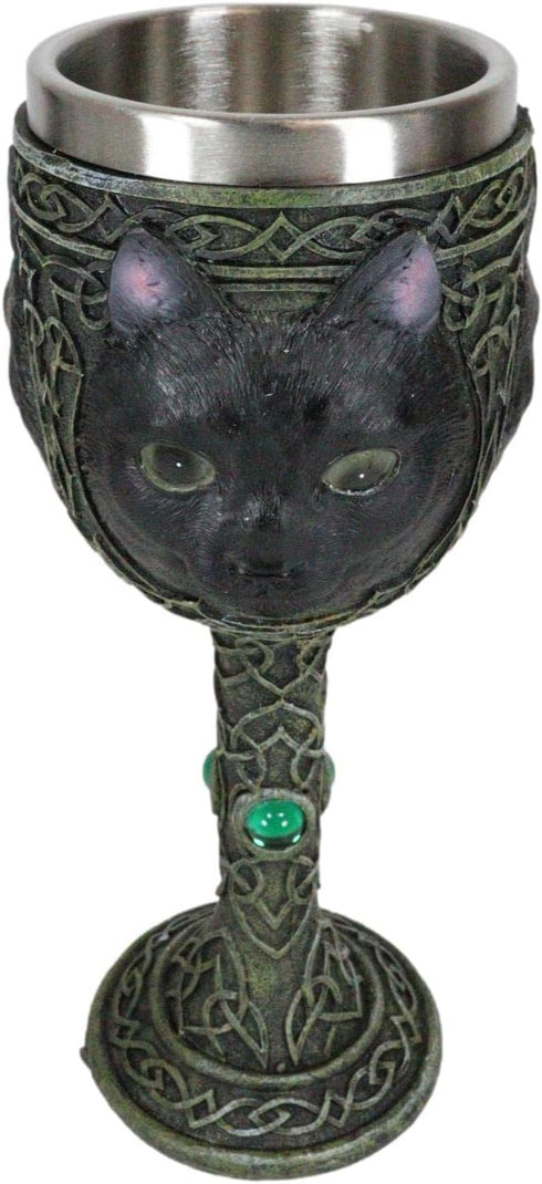 Ebros Wicca Mystical Witching Hour Black Cat Wine Goblet, 7oz Celtic Beverage Chalice with Green Gems