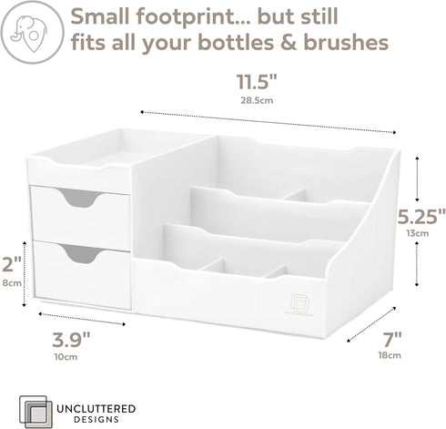 Uncluttered Designs Large Makeup Organizer for Vanity - Countertop Desk with Drawers for Cosmetic, White