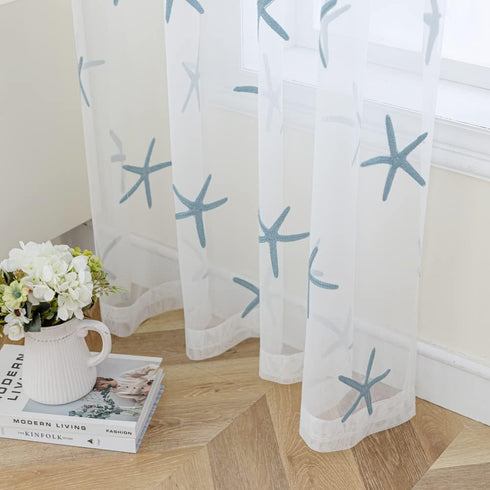 Embroidered Teal Starfish Sheer Curtains, 84 Inch Long Rod Pocket Drapes for Living Room, 52 x 84 Inch 1 Panel