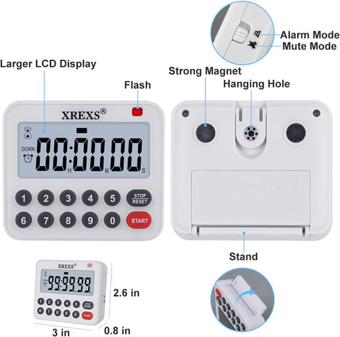 XREXS Digital Kitchen Timer, Magnetic Countdown Timer with Loud Alarm and Mute Option, Large Display