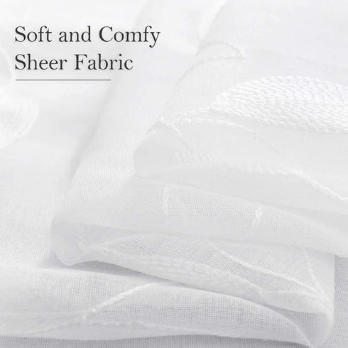 HOMEIDEAS White Sheer Curtains, 52 x 63 Inches, 2 Panels Embroidered Leaf Pattern Faux Linen for Windows