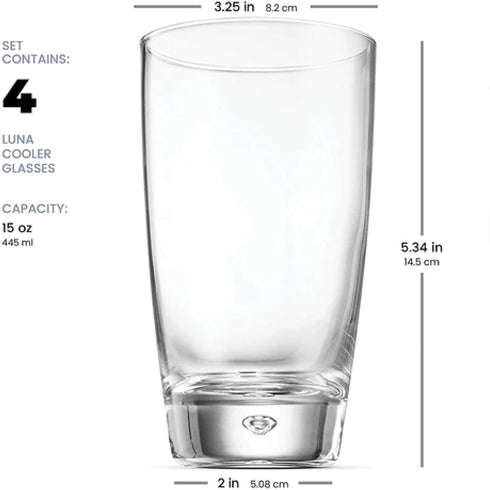 Bormioli Rocco Luna Set Of 4 Cooler Glasses, 15.25 Oz. Clear Crystal Glassware, Dishwasher Safe, Made In Italy