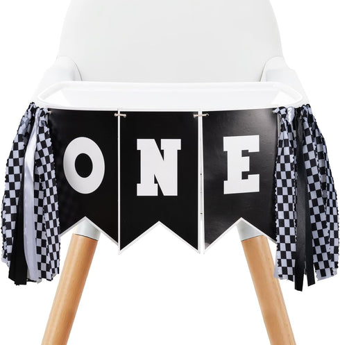 Q&High Life Race Car First Birthday Highchair Banner, Pre - strung Black & White