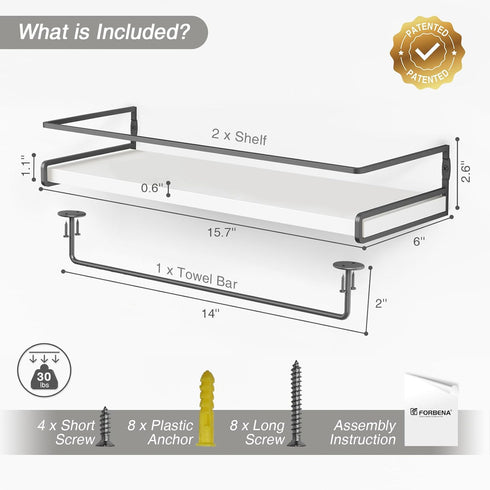 Set 2) Forbena White Floating Shelves for Bathroom Organizer Over Toilet, Bathroom Shelves Wall Mounted with Towel