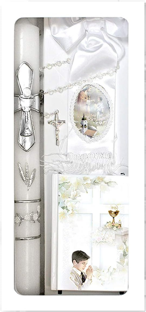 Lito First Communion Candle Set for Boys - White Silver Cross Candle Kit for Holy 1st Communion