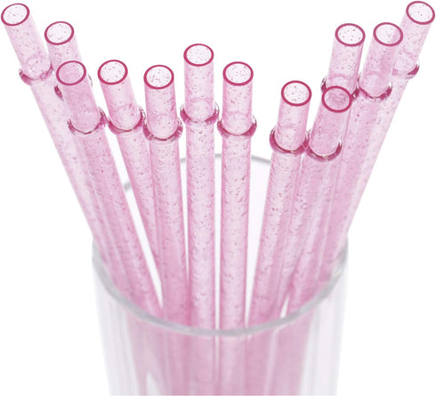Dakoufish BPA-Free 12 Piece Reusable Clear Plastic Glitter Drinking Straws (11 Inch, Pink) Plus Cleaning Brush