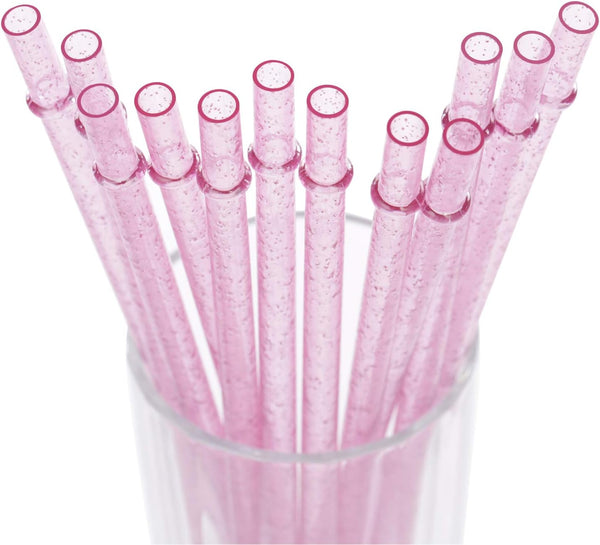 Dakoufish BPA-Free 12 Piece Reusable Clear Plastic Glitter Drinking Straws (11 Inch, Pink) Plus Cleaning Brush