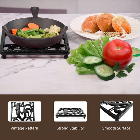 Vintage Square Cast Iron Trivet, Heat Resistant Metal Mat for Kitchen Countertop Hot Dishes