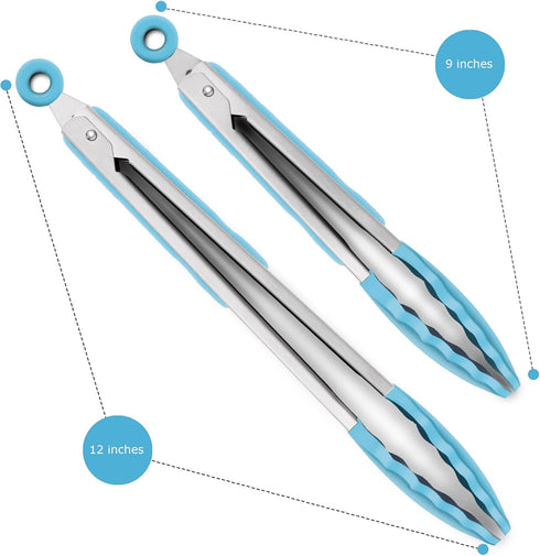 Set of 2 Kitchen Tongs, 9-Inch & 12-Inch Premium Stainless Steel Locking Silicone Grilling Barbeque Food Tong, Blue
