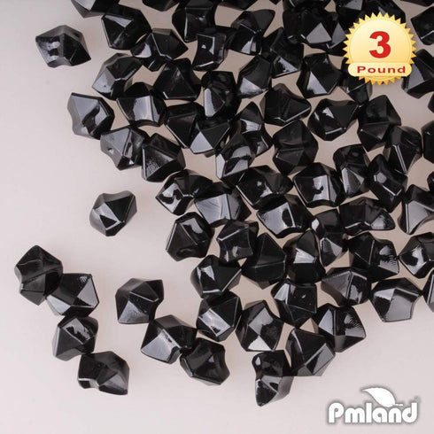 PMLAND Clear Fake Ice Rocks – 550 Pcs Large Black Acrylic Gems, 3 Lbs Bulk Vase Filler for Parties & Decor
