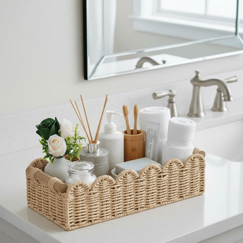 Cozy 2 CubesLand Scalloped Edge Toilet Paper Storage Basket, Living Room Home Decor Basket, Paper Rope Small Baskets